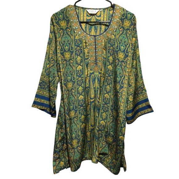 BIBA Women's Tunic Top Paisley Print Embellished Blue Green Yellow siize 38 - Picture 1 of 7